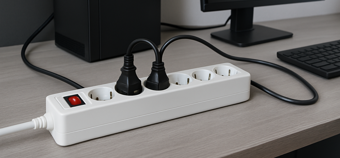 Сетевой фильтр с подключёнными вилками на рабочем столе рядом с компьютером и монитором