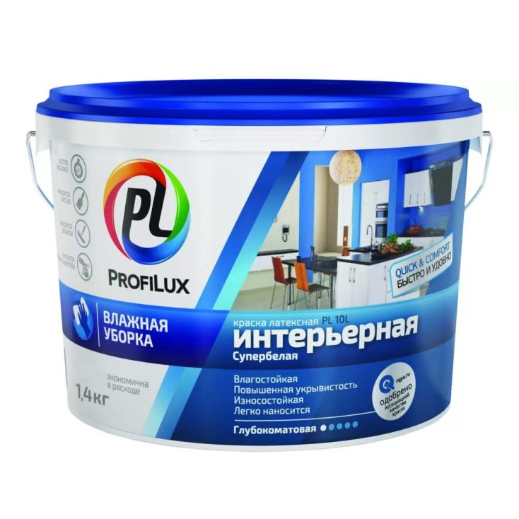 Краска ВД латексная интерьерная влагостойкая Profilux PL-10L, белая, 1,4 кг