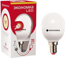 Лампа светодиодная LED 7Вт Шарик 45мм E14 3000К ЭКОНОМКА Eco_LED7wGL45E1430