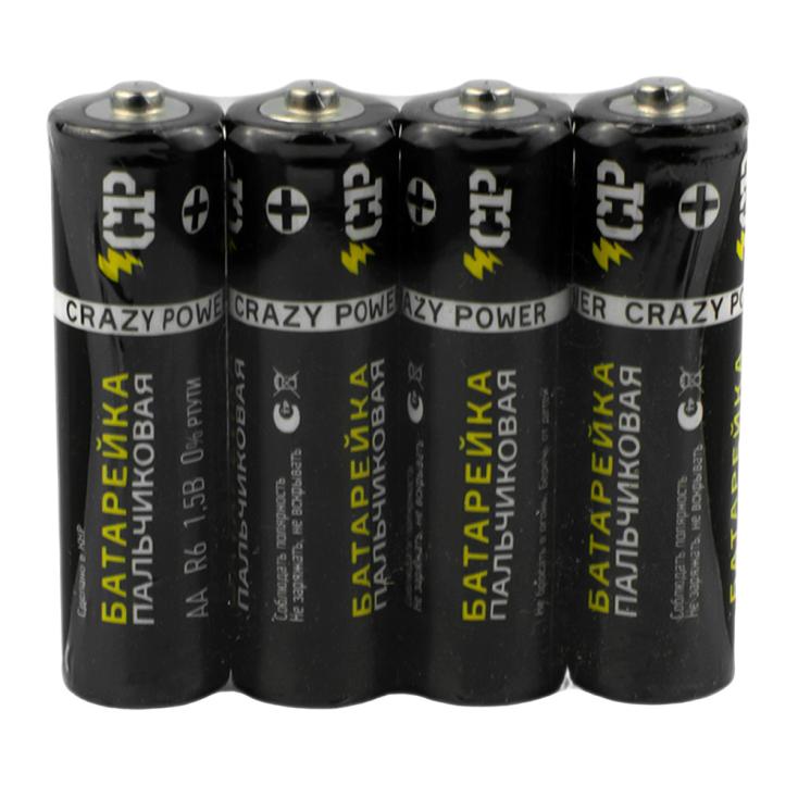 Батарейка R6 пальчик солевая CRAZYPOWER (спайка 4шт) CP чёрные