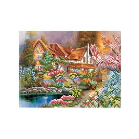 Н-р для вышивания бисером дом в цветущую пору 19x25см частичное заполнение канва c рисунком