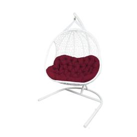 Кресло подвесное двухместное иск. ротанг Геолис плетение - белое, подушка - бордовая