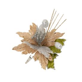 Украшение ёлочное Цветок с листиками из полиэстера с креплением на клипсе 15x15x24см золото-серебро