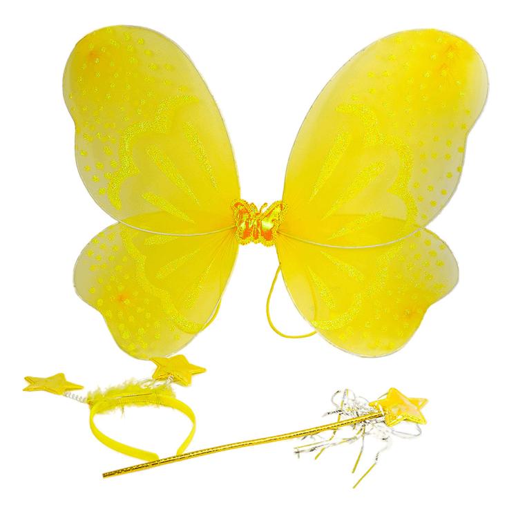 Карнавальный набор из трех предметов "Фея горошки" желтый (крылья, ободок, палочка)