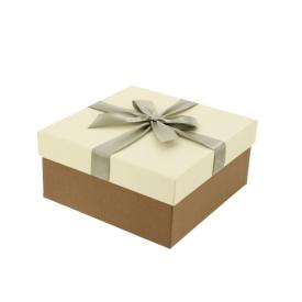 Коробка подарочная Лен с бантом тиснение квадрат слоновая кость-ореховый 210х210х110