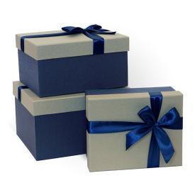 Коробка подарочная Рогожка с бантом тиснение прямоугольник синий-слоновая кость 230х190х130