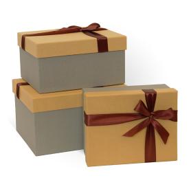Коробка подарочная Рогожка с бантом тиснение прямоугольник бежевый-серый 230х190х130