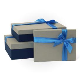 Коробка подарочная Рогожка с бантом тиснение прямоугольник синий-слоновая кость 200х150х50