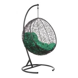 Кресло подвесное иск. ротанг Круглое плетение - коричневое, подушка - зеленая, каркас - коричневый