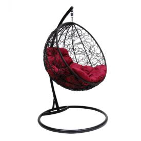 Кресло подвесное иск. ротанг Круглое плетение - черное, подушка - бордовая, каркас - черный