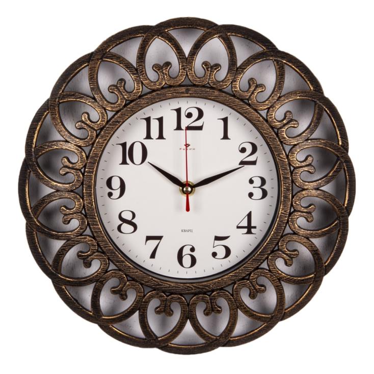 3016-007 (10) Часы настенные круглые d=30см, корпус черный с бронзой завиток "Рубин"