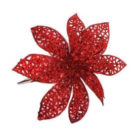 Украшение ёлочное новогоднее Красн цветочки из полипропилена, на клипсе из черного металла, наб 3шт