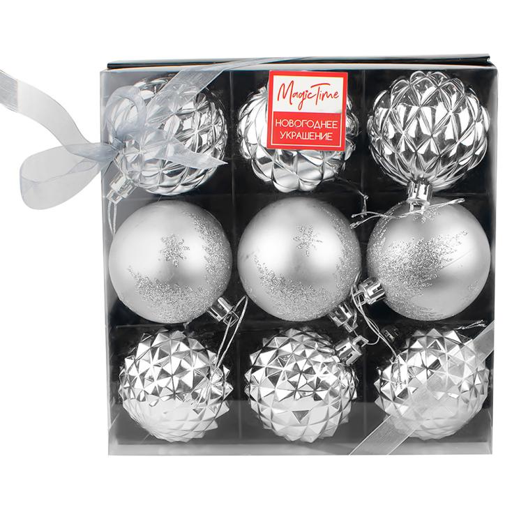 Украшение подвесное новогоднее Серебряные шары из полистирола, набор из 9 шт 6х6х6см