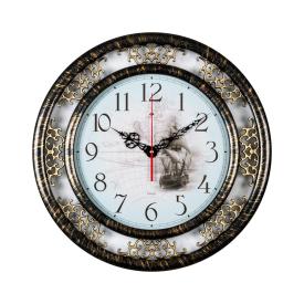 Часы настенные 4545-005 (5)  круг d=45 см, корпус черный с золотом "Путешествие"