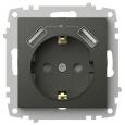 Розетка встраиваемая EL-BI Zena/Vega 16А IP20 с заземлением, шторками и 2 USB 5V 2,1 А дымчатый