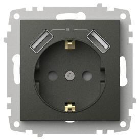 Розетка встраиваемая EL-BI Zena/Vega 16А IP20 с заземлением, шторками и 2 USB 5V 2,1 А дымчатый