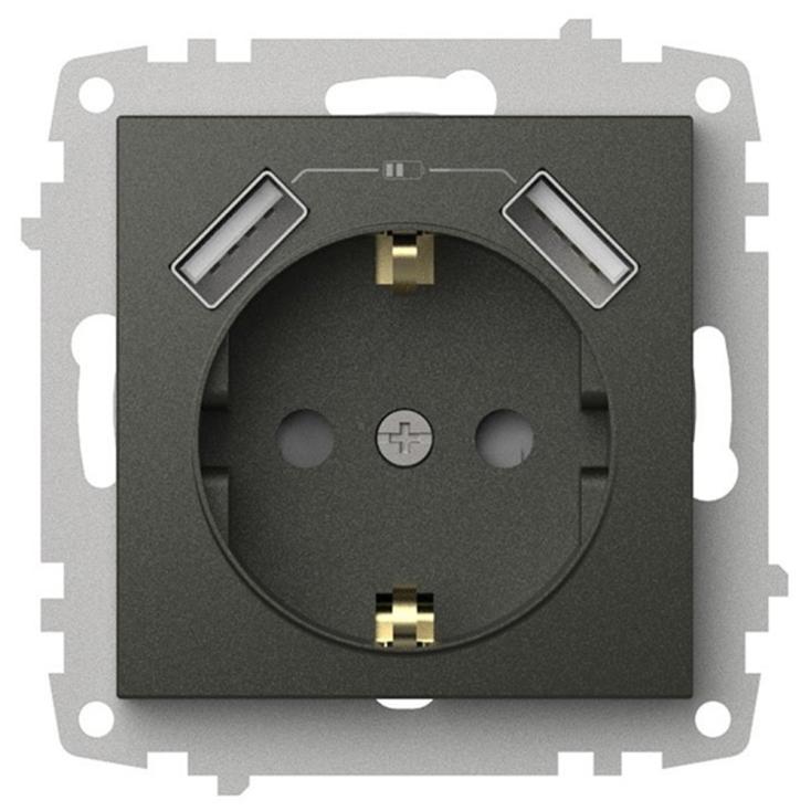 Розетка встраиваемая EL-BI Zena/Vega 16А IP20 с заземлением, шторками и 2 USB 5V 2,1 А дымчатый