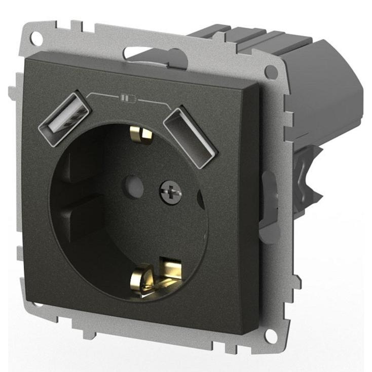 Розетка встраиваемая EL-BI Zena/Vega 16А IP20 с заземлением, шторками и 2 USB 5V 2,1 А дымчатый