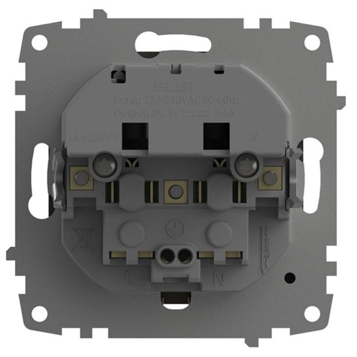 Розетка встраиваемая EL-BI Zena/Vega 16А IP20 с заземлением, шторками и 2 USB 5V 2,1 А дымчатый