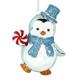 Игрушка елочная Пингвин с леденцом 10х6х11 см голубой