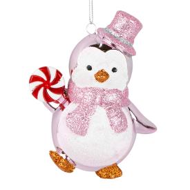 Игрушка елочная Пингвин с леденцом 10х6х11 см розовый