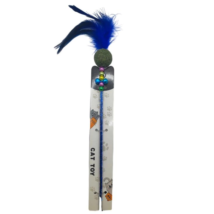 Игрушка-дразнилка на палочке Wogy Шар из кошачьей мяты с перьями и бусинами 29/49 см
