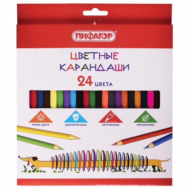 Карандаши цветные Пифагор Веселая такса 24 цвета, шестигранные