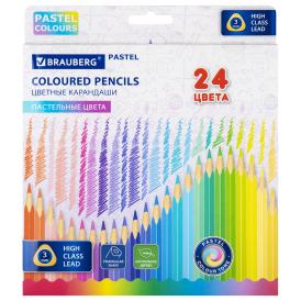 Карандаши цветные Brauberg Pastel 24 цвета, трехгранные, грифель 3 мм