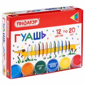 Гуашь 12 цветов по 20 мл Пифагор Веселая такса