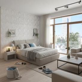 Обои Green Walls Кора С40 4116 02 айвори абстракция 1,06х10,05 м в интерьере спальни