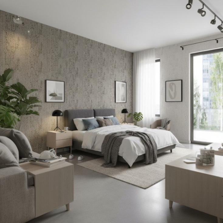 Обои Green Walls Кора С40 4116 03 дуб розовое золото абстракция 1,06х10,05 м в интерьере спальни