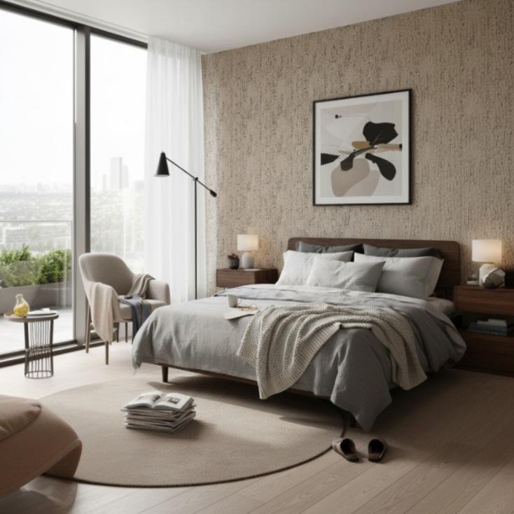 Обои Green Walls Кора С40 4116 05 дуб моховой абстракция 1,06х10,05 м в интерьере спальни