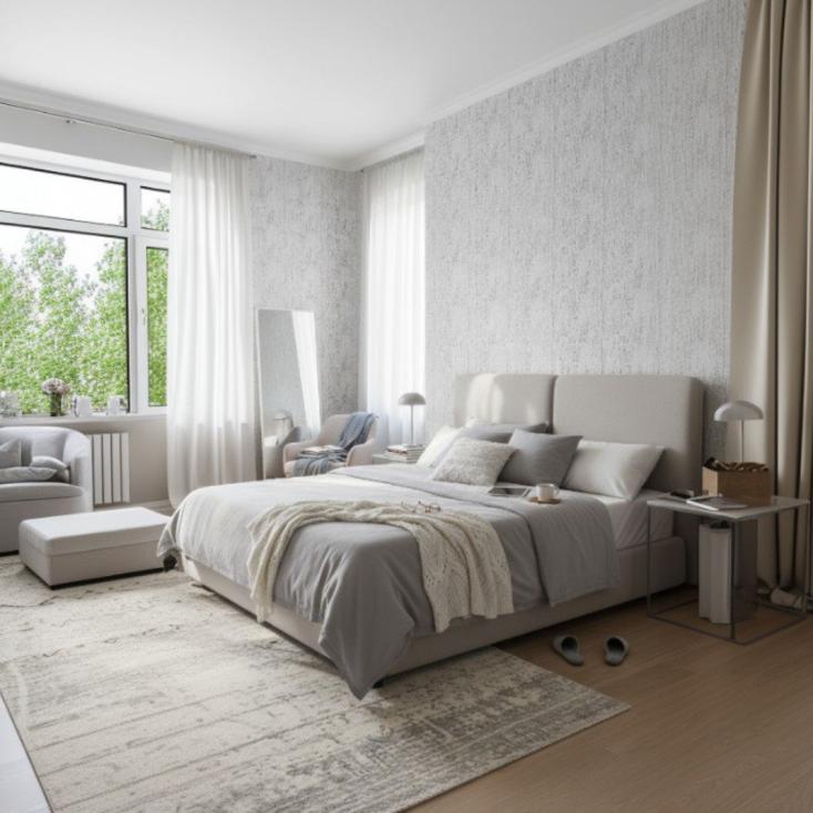 Обои Green Walls Кора С40 4116 06 молочная вуаль абстракция 1,06х10,05 м в интерьере спальни