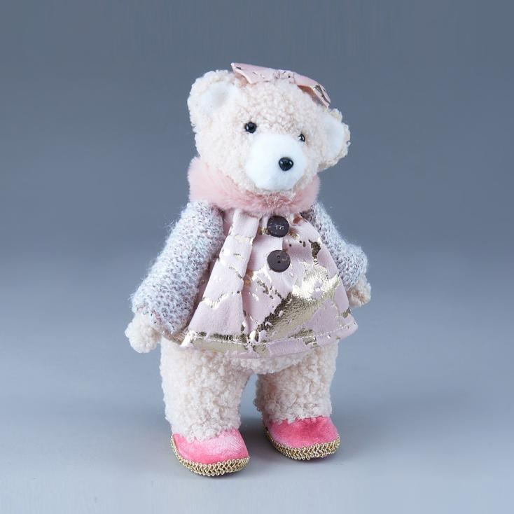 Фигура декоративная Мишка кокетка с бантиком 15х10х20 см розовый/золото