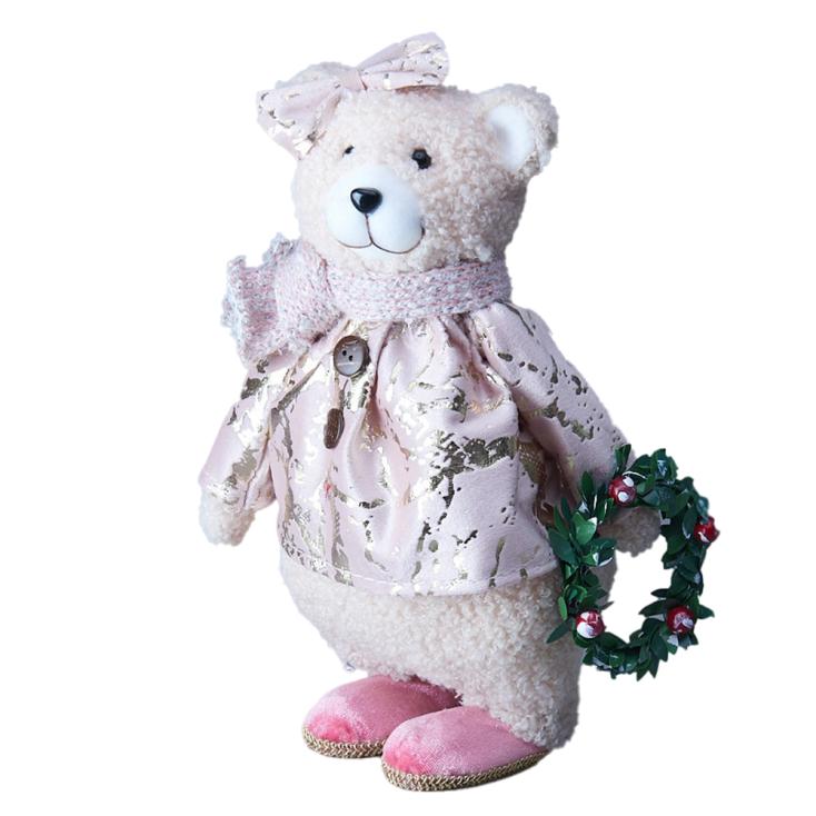 Фигура декоративная Мишка с еловым венком 16х13х26 см розовый/золото