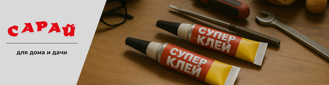 Рабочий стол с инструментами, игрушкой-медвежонком и кружкой, на переднем плане два тюбика «СУПЕР КЛЕЙ» в красно-жёлтой упаковке.
