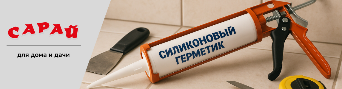 Тюбик силиконового герметика в пистолете на фоне плитки с инструментами — шпатель и рулетка