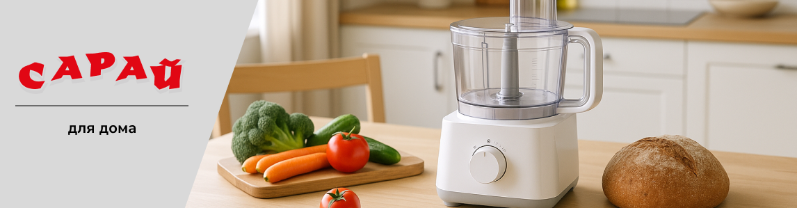 Кухонный комбайн на деревянном столе с овощами и хлебом на фоне светлой кухни