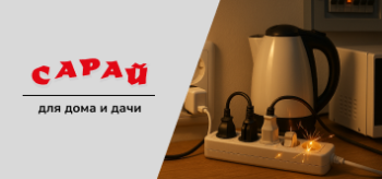 Чайник и микроволновка подключены к одному удлинителю, который искрит из-за перегрузки. На заднем плане — щиток с выбитым автоматом.