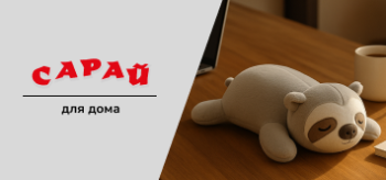 Мягкая игрушка-ленивец лежит на рабочем столе рядом с ноутбуком, кружкой и блокнотом