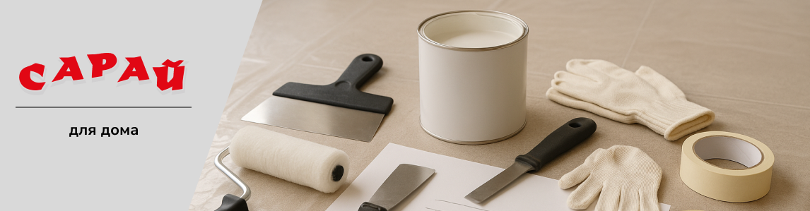 Набор инструментов для покраски и шпаклёвки с банкой краски, шпателями, валиком и перчатками