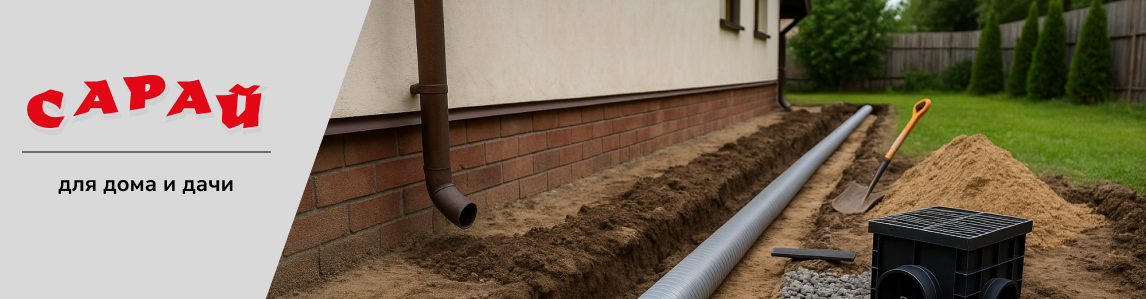 Траншея вдоль фундамента дома с уложенной трубой ливнёвки, пескоуловитель, щебень, песок и инструменты для монтажа