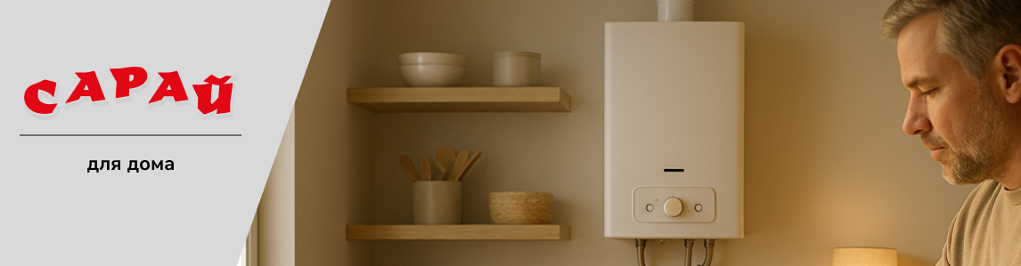 Мужчина проверяет температуру воды на кухне, рядом установлен газовый водонагреватель