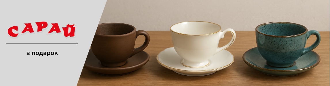 Три чайные пары на деревянной поверхности: матовая глиняная чашка, белая фарфоровая с позолотой и цветная керамическая, нейтральный фон