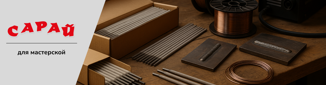 Набор сварочных материалов на верстаке: электродные стержни в коробке, катушки медной проволоки, сварочный инвертор и металлические образцы с швами.