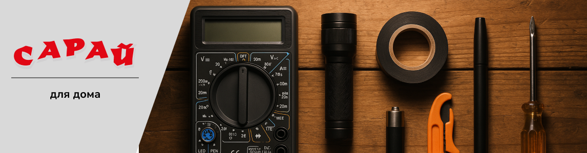 Набор инструментов электрика на деревянном столе — мультиметр, изолента, фонарик, отвертка, батарейка и кабельный нож