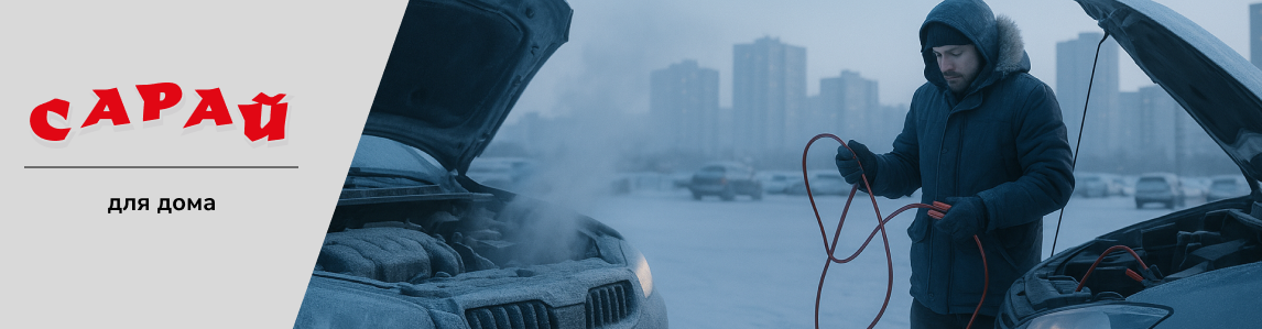 Мужчина в зимней одежде прикуривает автомобиль на морозе минус 30 градусов, надпись как завести машину в мороз