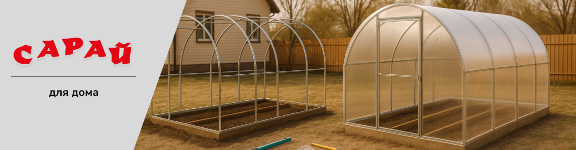 Процесс сборки теплицы на дачном участке, металлический каркас, готовая конструкция и инструменты на земле