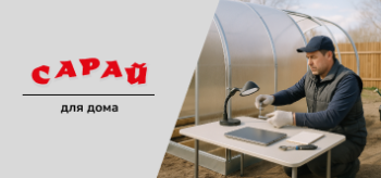 Мастер в перчатках собирает теплицу из поликарбоната, используя инструмент на столе возле каркаса