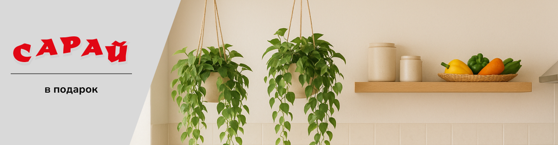 Светлая современная кухня с подвесными искусственными ампельными растениями и декоративными овощами на полке, без людей, естественное освещение